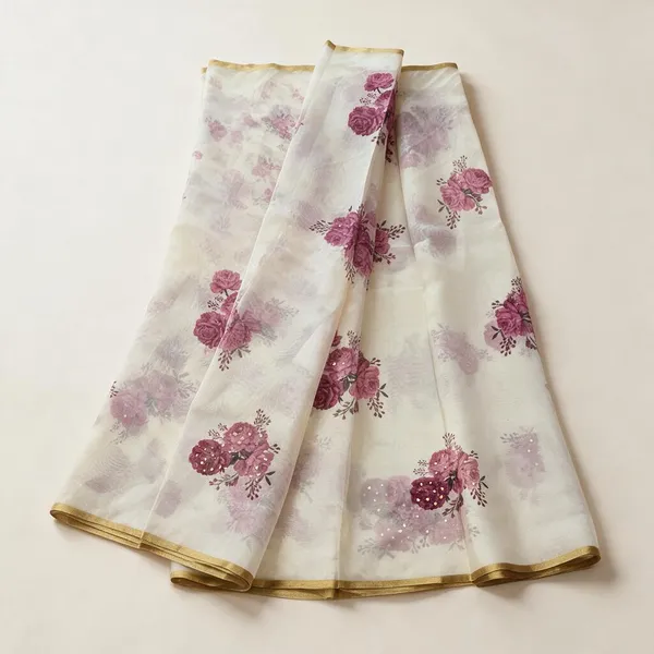 Cream_White_And_Pink_Organza__Saree_Daily_Wear_For_Women
