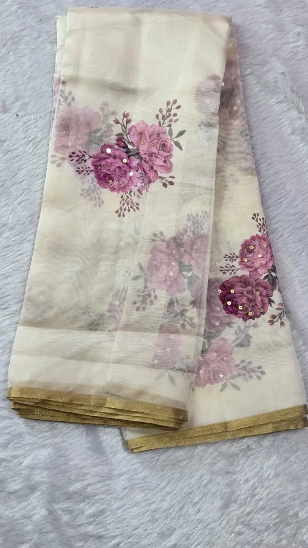 Cream_White_And_Pink_Organza__Saree_Daily_Wear_For_Women