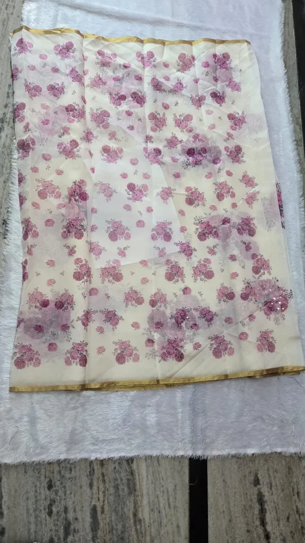 Cream_White_And_Pink_Organza__Saree_Daily_Wear_For_Women
