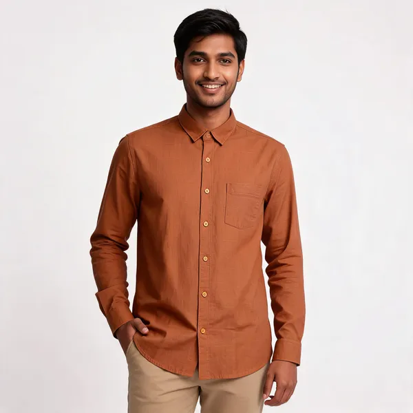 Rust_Brown_Cotton_Slub_Plain_Shirt_For_Men