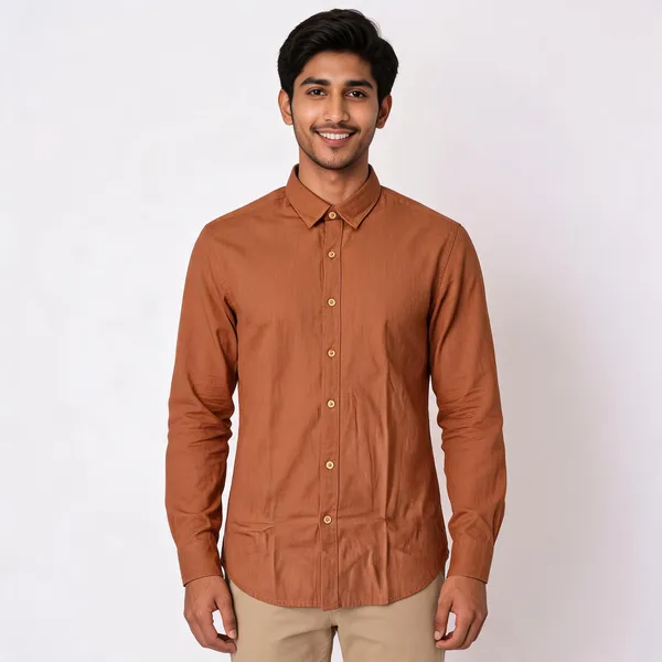 Rust_Brown_Cotton_Slub_Plain_Shirt_For_Men
