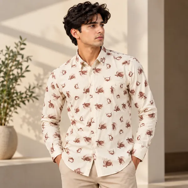 Cream_Cotton_Botanical_Print_Shirt_For_Men