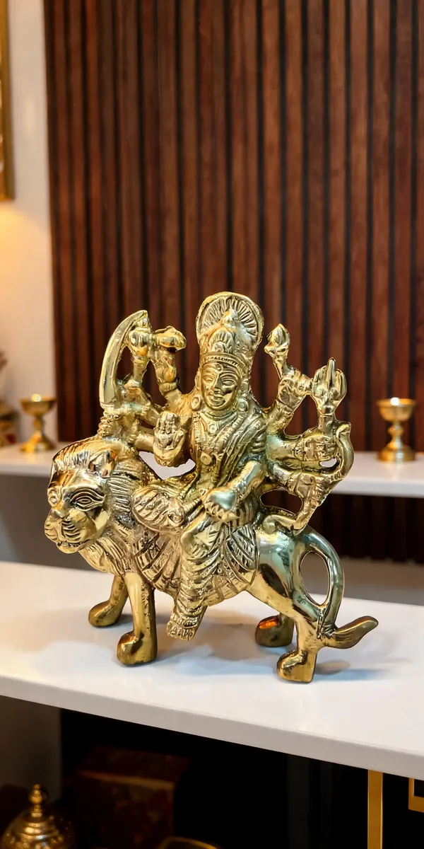 Gold_Tone_Goddess_Durga_Riding_Lion_Idol