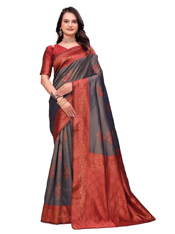 Red_Grey_Woven_Traditional_Saree_For_Women