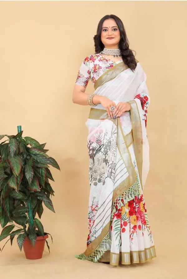 White_Floral_Print_Saree_For_Women
