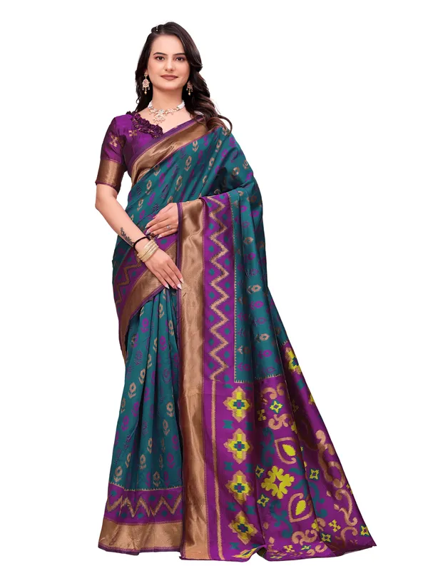 Teal_And_Purple_Printed_Saree_With_Blouse_For_Women