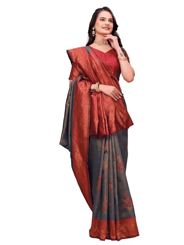 Red_Grey_Woven_Traditional_Saree_For_Women