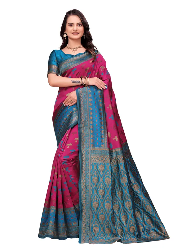 Blue_And_Pink_Printed_Saree_For_Women