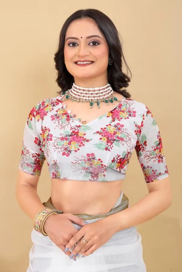 White_Floral_Print_Saree_For_Women