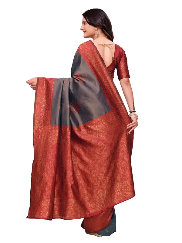 Red_Grey_Woven_Traditional_Saree_For_Women