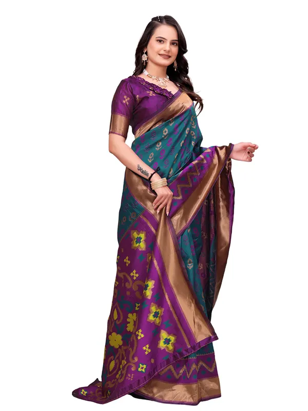 Teal_And_Purple_Printed_Saree_With_Blouse_For_Women