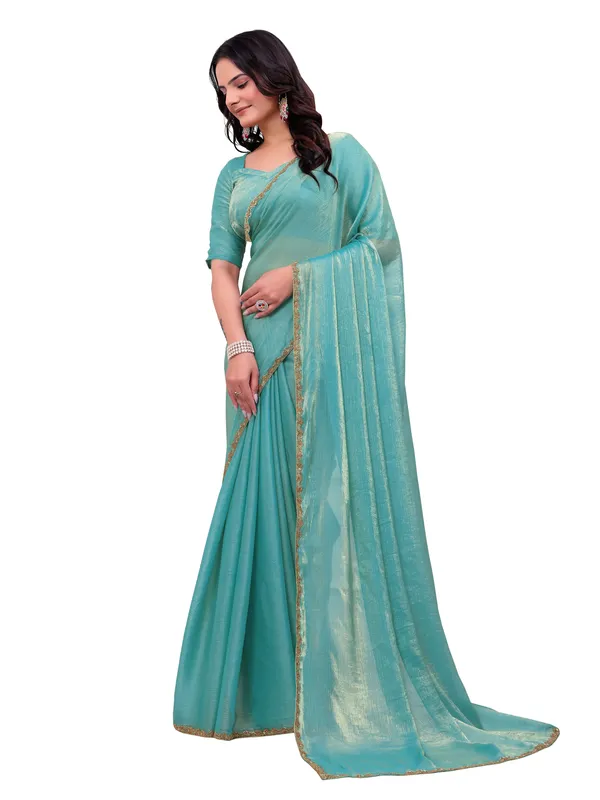 Turquoise_Sheer_Lace_Border_Saree_for_Women