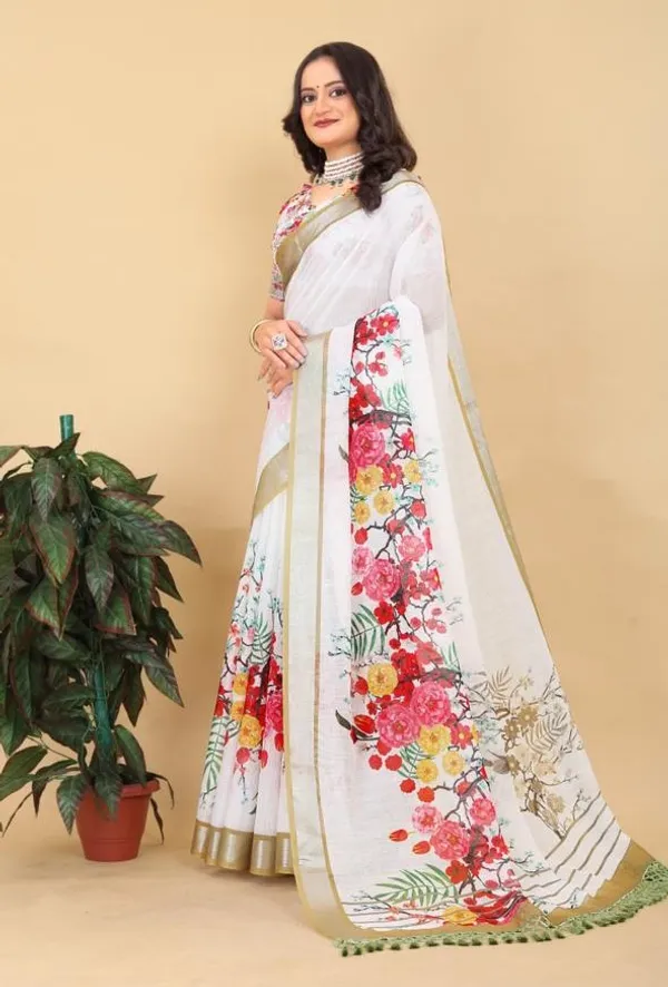 White_Floral_Print_Saree_For_Women