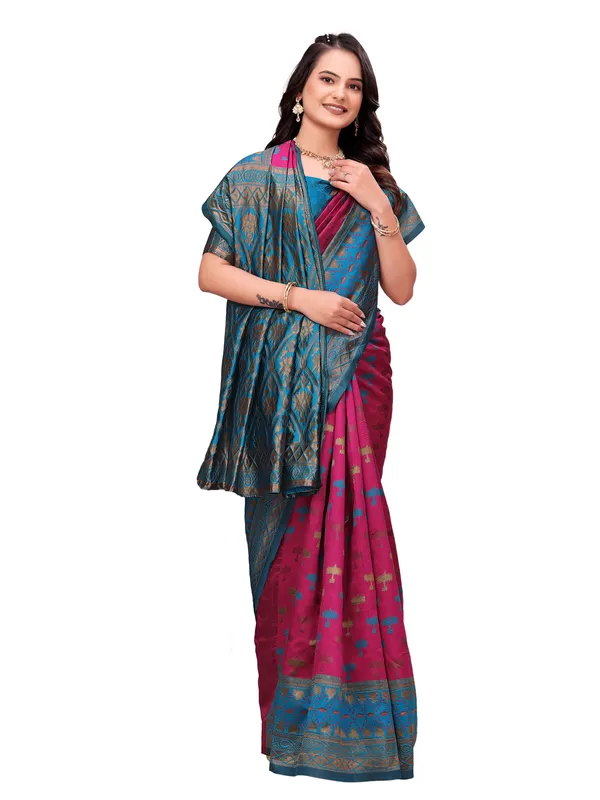 Blue_And_Pink_Printed_Saree_For_Women