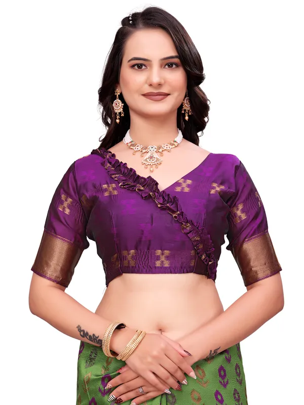 Teal_And_Purple_Printed_Saree_With_Blouse_For_Women