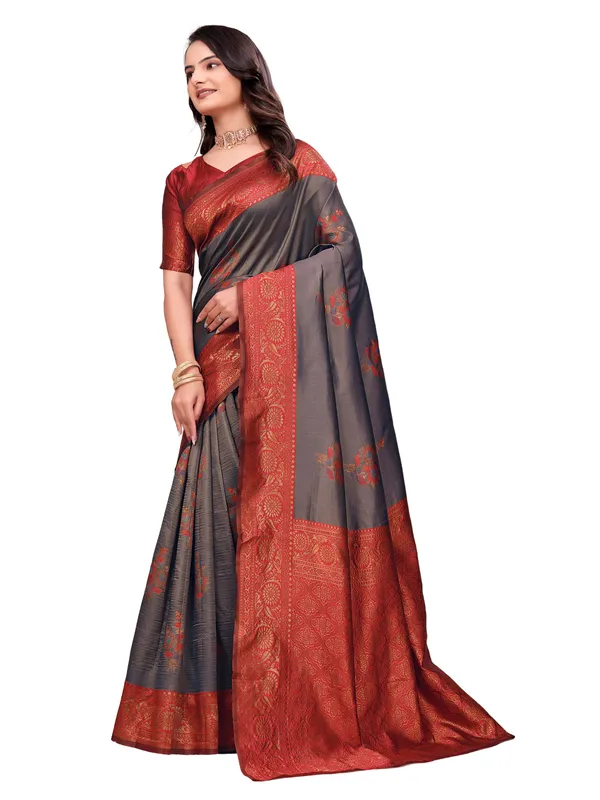 Red_Grey_Woven_Traditional_Saree_For_Women