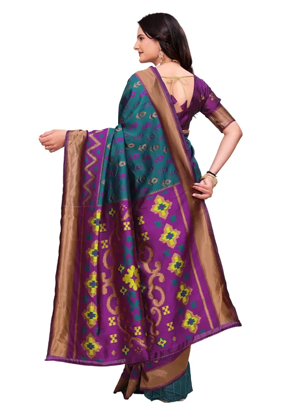Teal_And_Purple_Printed_Saree_With_Blouse_For_Women