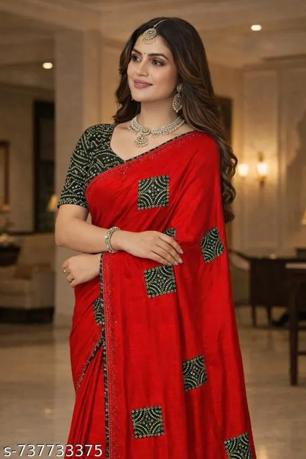 Red_Printed_Saree_With_Blouse_For_Women
