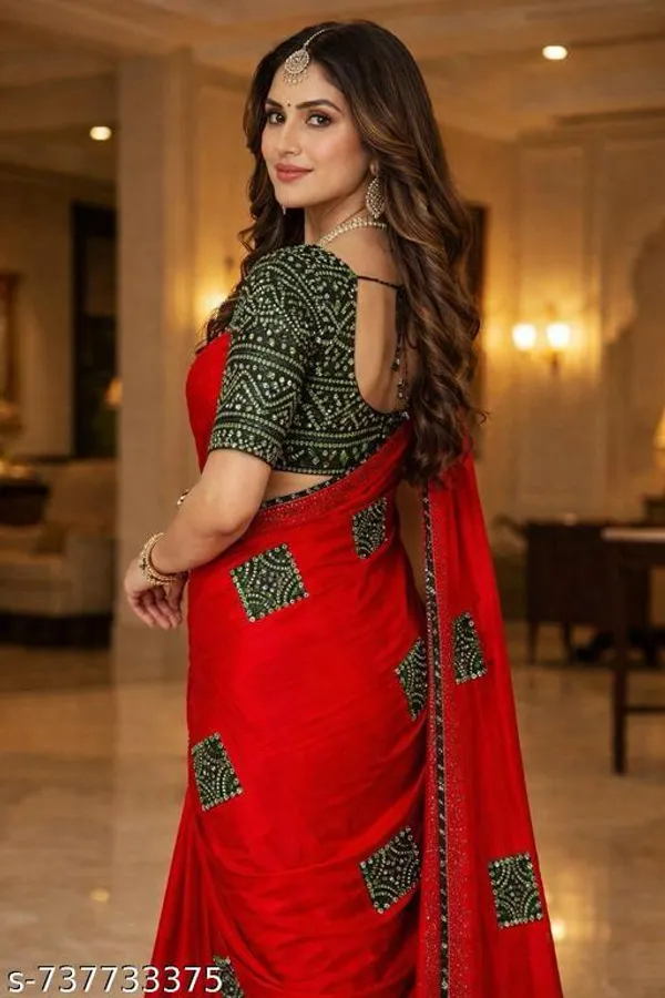 Red_Printed_Saree_With_Blouse_For_Women