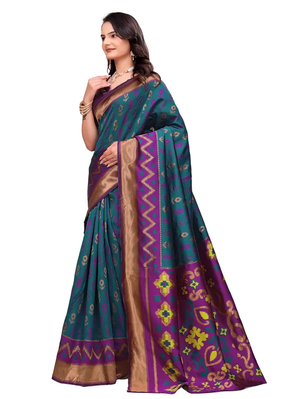 Teal_And_Purple_Printed_Saree_With_Blouse_For_Women