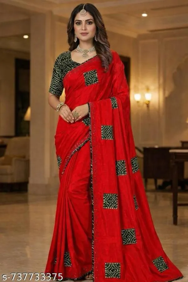 Red_Printed_Saree_With_Blouse_For_Women