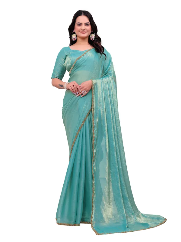 Turquoise_Sheer_Lace_Border_Saree_for_Women