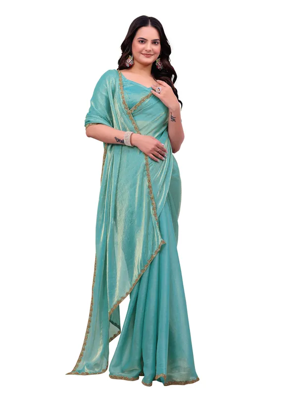 Turquoise_Sheer_Lace_Border_Saree_for_Women