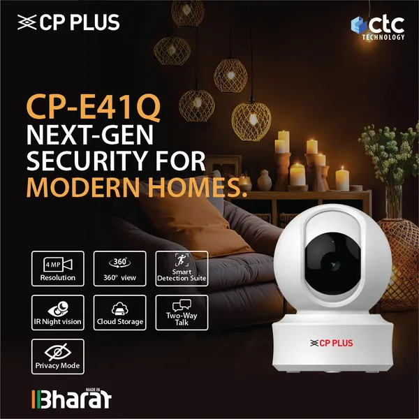 Cp_Plus_4mp_Quad_Hd_Smart_Wi_Fi_Cctv_Camera_For_Home_360_Pan_Tilt_Ctc_Cyber_Secure_Tech_Supports_Lan_View_Talk_Smart_Detection_Suite_Night_Vision_Cloud_Storage_Ok_Google_Cp_E41q