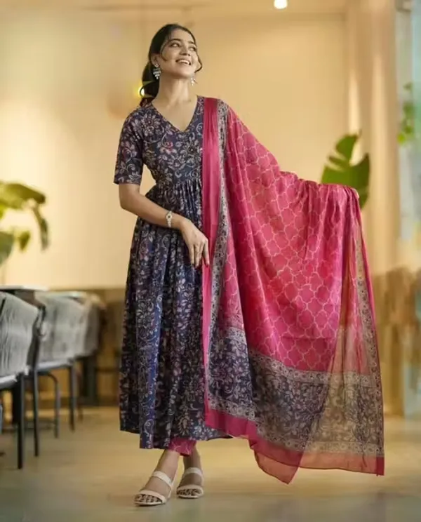 Navy_And_Pink_Rayon_Printed_Anarkali_Kurta_Set_For_Women