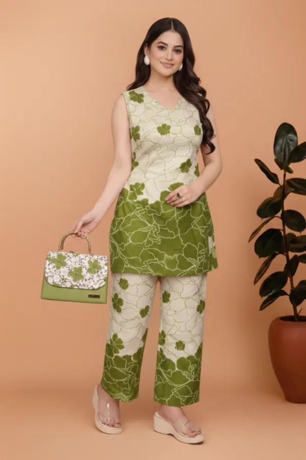 Beige_And_Green_Rayon_Floral_Print_Sleeveless_Kurta_Pant_Set_For_Women