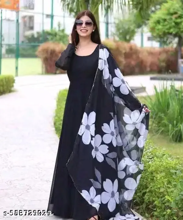 Black_Georgette_Flared_Maxi_Dress_Set_For_Women