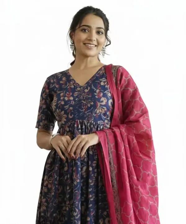 Navy_And_Pink_Rayon_Printed_Anarkali_Kurta_Set_For_Women