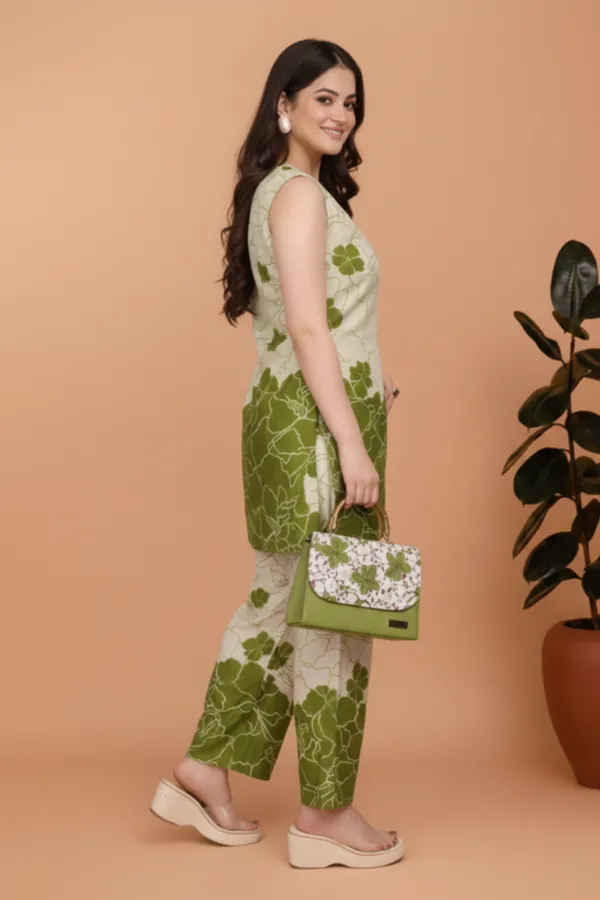 Beige_And_Green_Rayon_Floral_Print_Sleeveless_Kurta_Pant_Set_For_Women