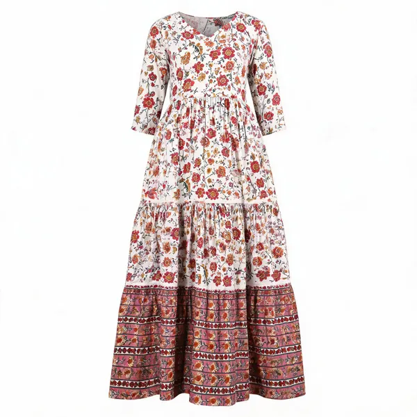 White_And_Maroon_Rayon_Slub_Floral_Print_Tiered_Flared_Maxi_Dress_For_Women