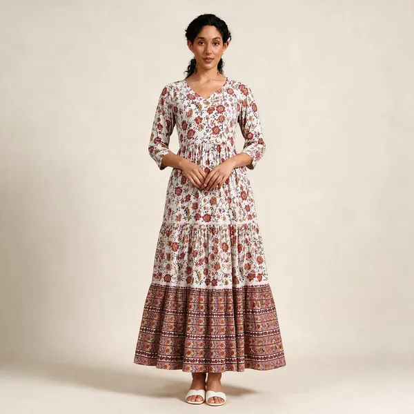 White_And_Maroon_Rayon_Slub_Floral_Print_Tiered_Flared_Maxi_Dress_For_Women