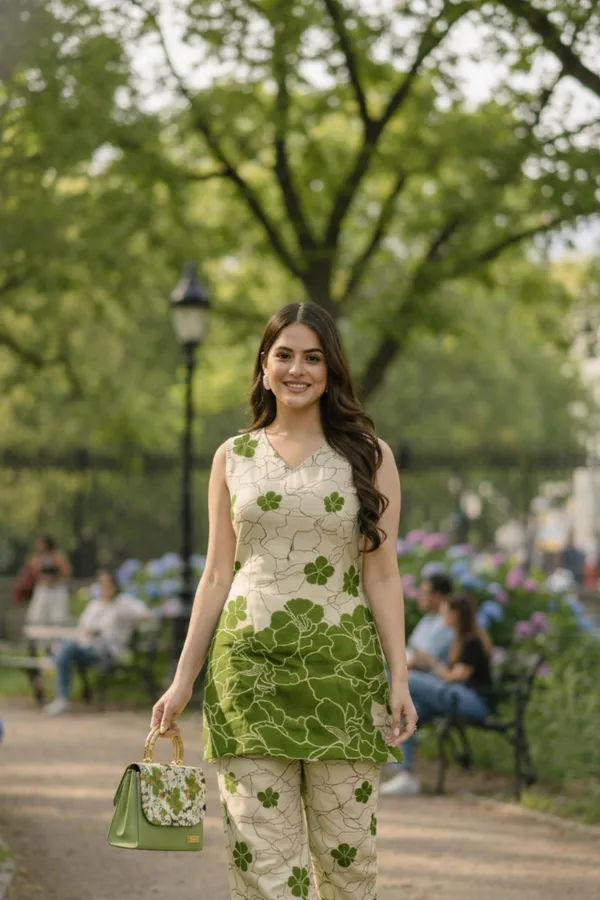 Beige_And_Green_Rayon_Floral_Print_Sleeveless_Kurta_Pant_Set_For_Women