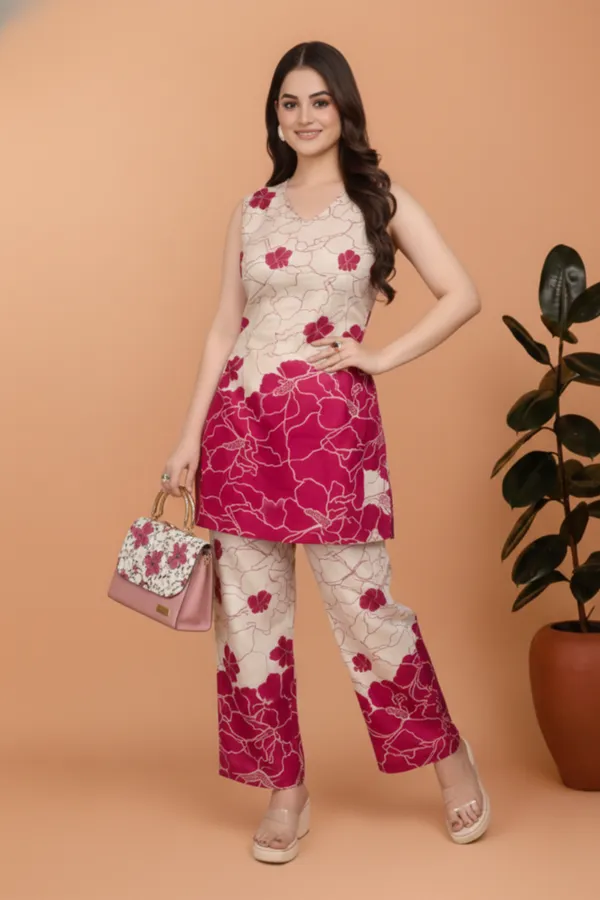Beige_Floral_Print_Kurta_Pant_Set_for_Women