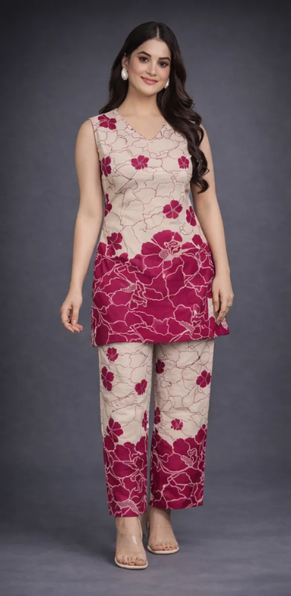 Beige_Floral_Print_Kurta_Pant_Set_for_Women