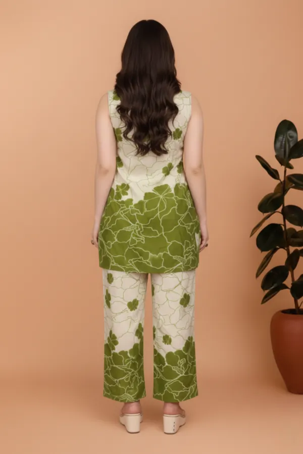 Beige_And_Green_Rayon_Floral_Print_Sleeveless_Kurta_Pant_Set_For_Women