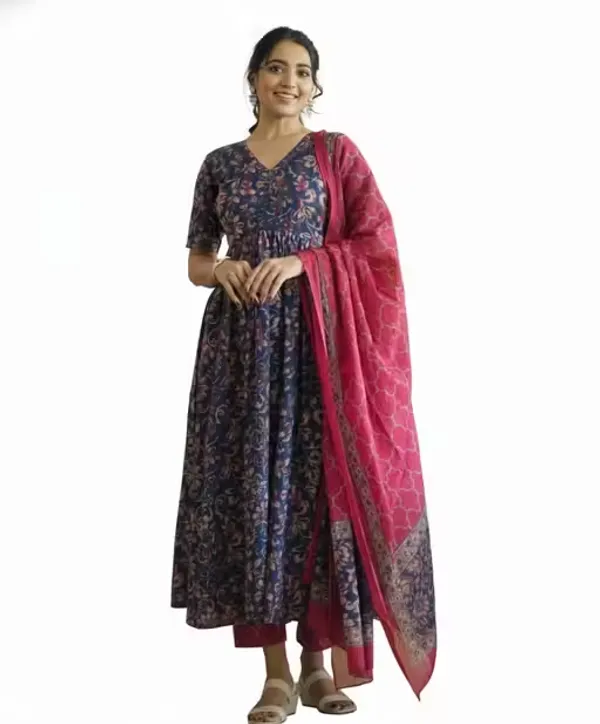 Navy_And_Pink_Rayon_Printed_Anarkali_Kurta_Set_For_Women
