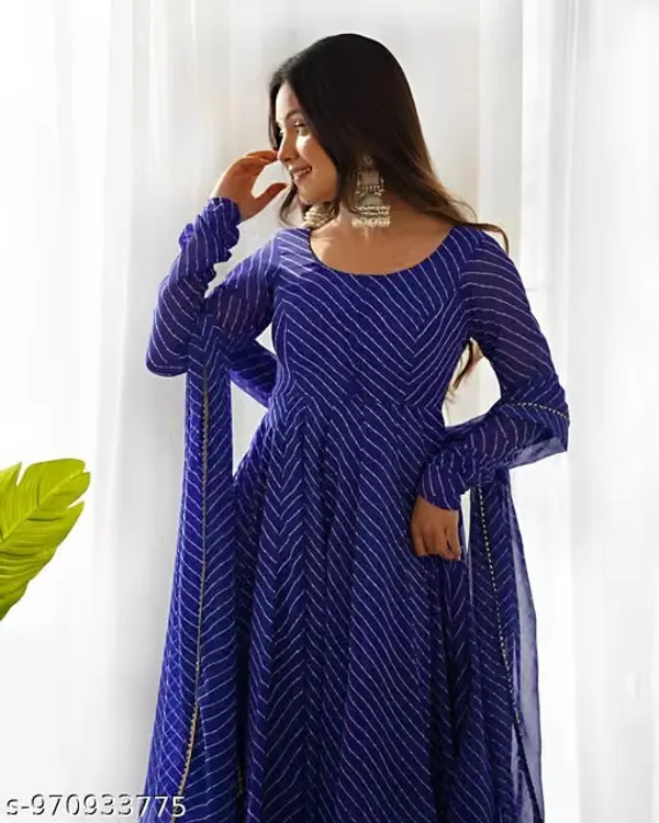 Blue_Georgette_Chevron_Anarkali_Kurta_Set_For_Women