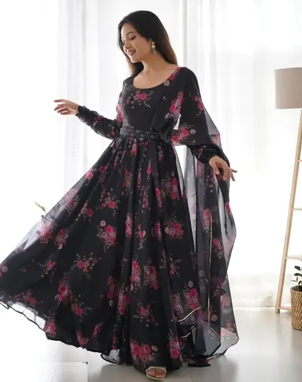 Black_Georgette_Floral_Print_Flared_Anarkali_Dress_For_Women