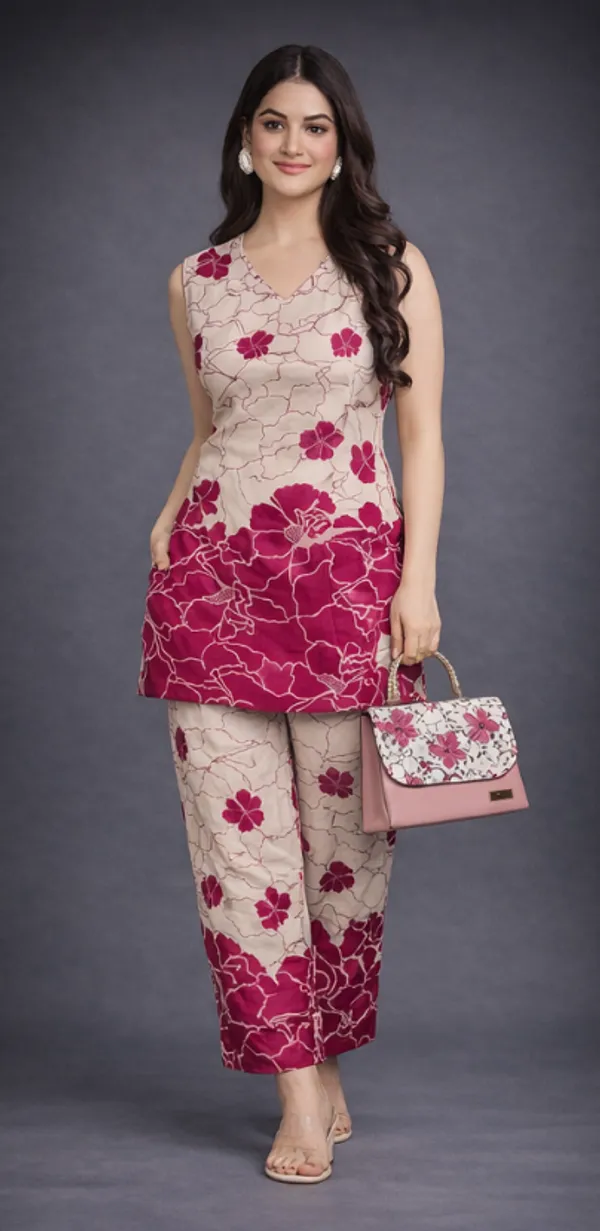 Beige_And_Maroon_Rayon_Floral_Straight_Kurta_Pant_Set_For_Women