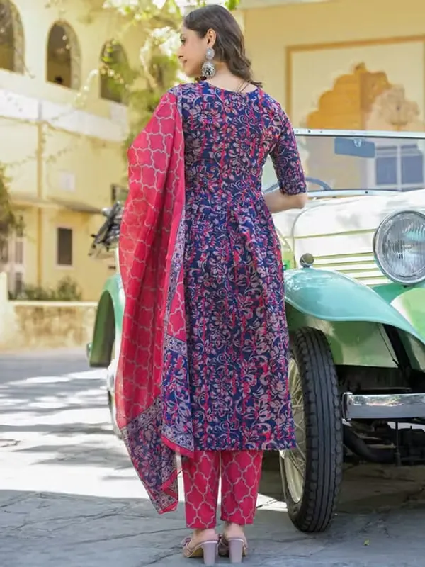 Navy_And_Pink_Rayon_Printed_Anarkali_Kurta_Set_For_Women