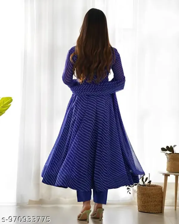 Blue_Georgette_Chevron_Anarkali_Kurta_Set_For_Women