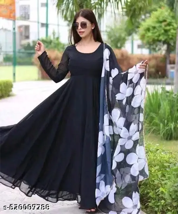 Black_Georgette_Flared_Maxi_Dress_Set_For_Women
