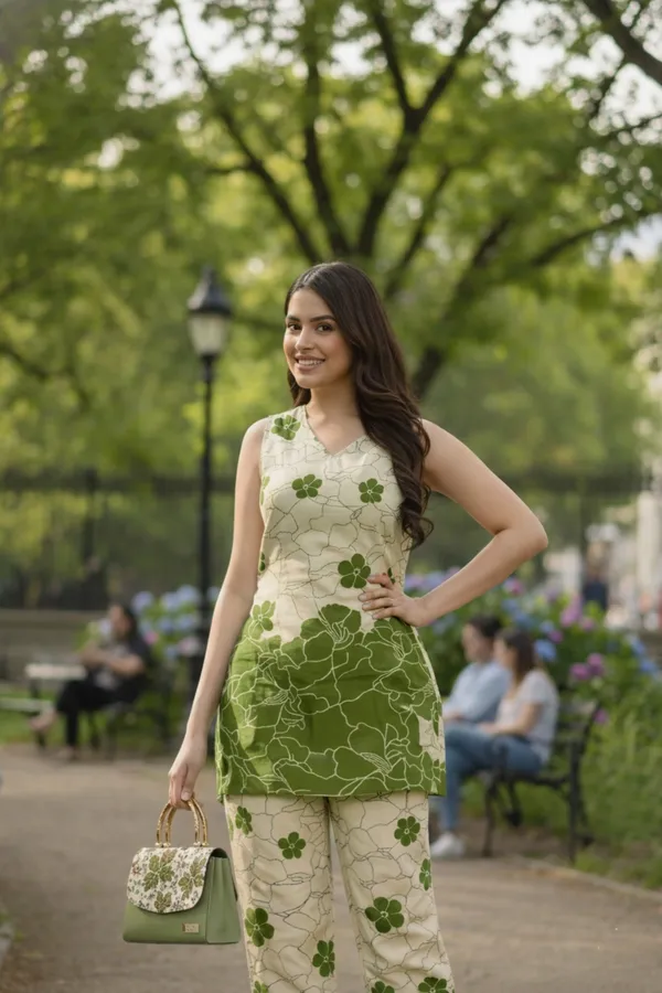Beige_And_Green_Rayon_Floral_Print_Sleeveless_Kurta_Pant_Set_For_Women
