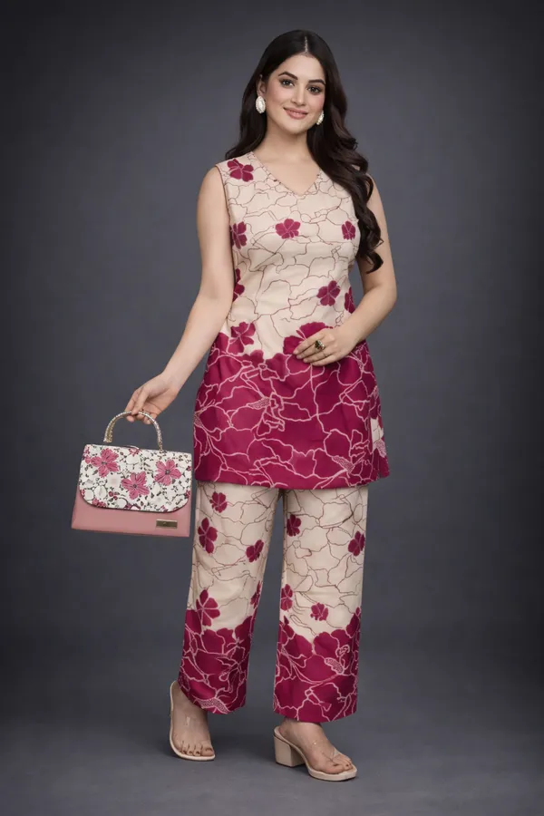 Beige_And_Maroon_Rayon_Floral_Straight_Kurta_Pant_Set_For_Women