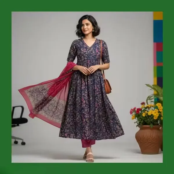 Navy_And_Pink_Rayon_Printed_Anarkali_Kurta_Set_For_Women