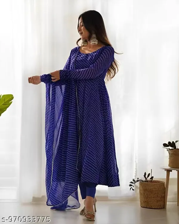 Blue_Georgette_Chevron_Anarkali_Kurta_Set_For_Women